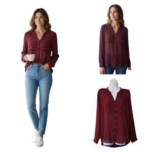 Divided H&M Womens Blouse Size 8 Maroon Sheer Long Sleeve Button Down Pockets